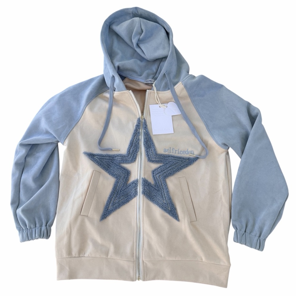 NWT Aelfric Eden Star Patchwork Oversized Hoodie Jacket Blue Cream Sz XS Unisex